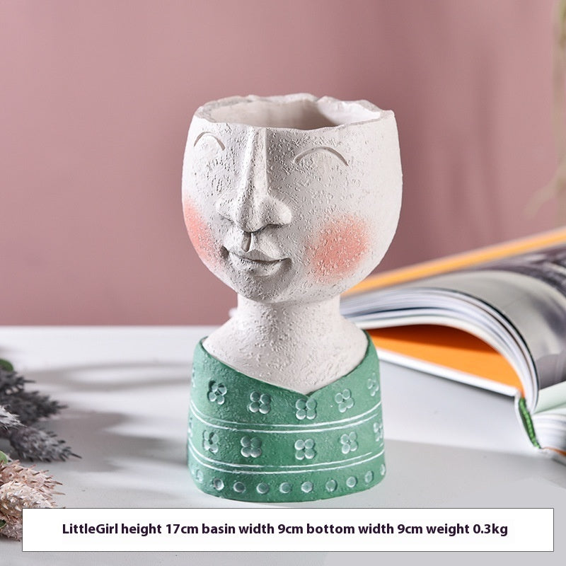 Happy Home Art Flower Pot – Portrait Sculpture for Garden & Balcony Decor