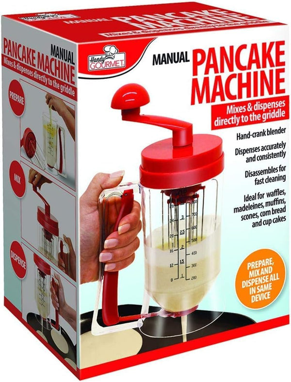  Batter being poured from dispenser onto hot griddle

